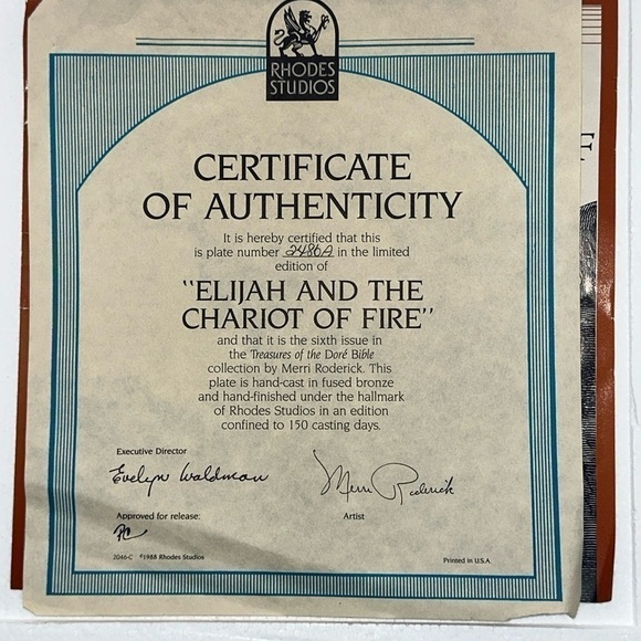 Treasures of Doré Bible Elijah Chariot of Fire Rhodes Studio Fused Bronze Plate - Picture 4 of 5